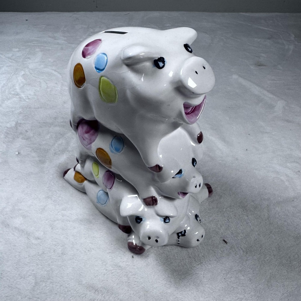 Ceramic Piggy Coin Bank Stacked Three‎ Pigs Colorful Polka Dot White Taiwan